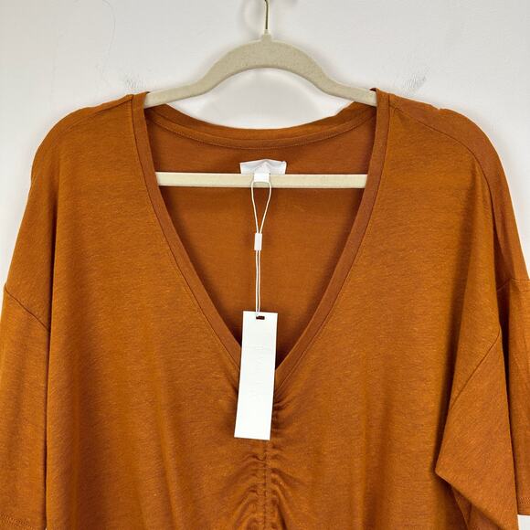 Every Linen Blend Knit Top Cinched Ruched Copper Orange Comfy Cropped Large NWT - Picture 2 of 9